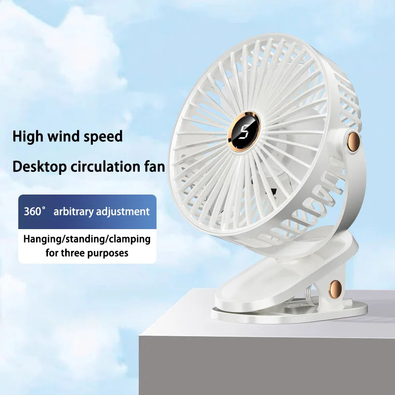 2025 8000mAh Clip-on Fan 5 Speed Quiet Rechargeable Desktop Portable Air Circulator Wireless Fan With LED Light For Office