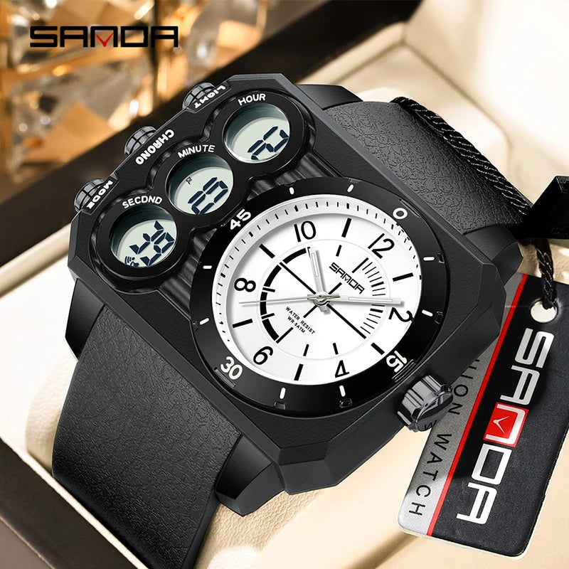 SANDA Fashion Men's Dual Display Electronic Watch Sports Multifunctional Waterproof Night Light LED Men's Electronic Watch 6237
