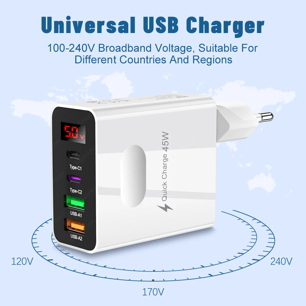45W USB Charger 4 Ports Type C Fast Charging Digital Display Wall Charger For iPhone Samsung Xiaomi Huawei Phone Charger Adapter