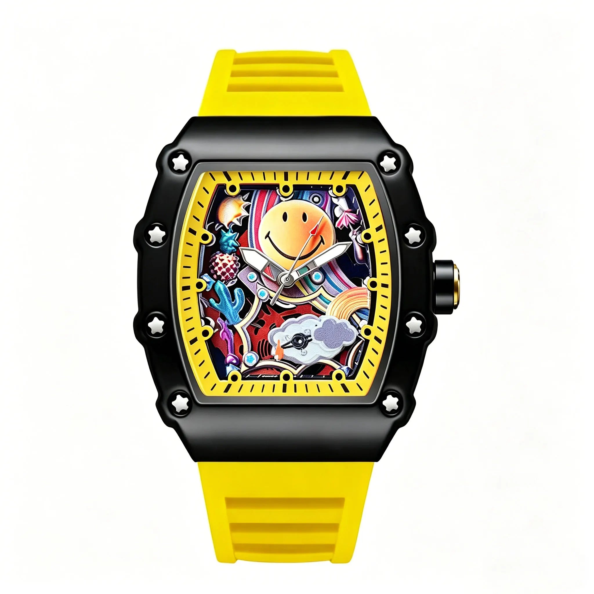 Graffiti Art Smile Face Watch Unique Barrel Shaped Quartz Wristwatch Waterproof Hip Hop Style Silicone Band Clock for Unisex