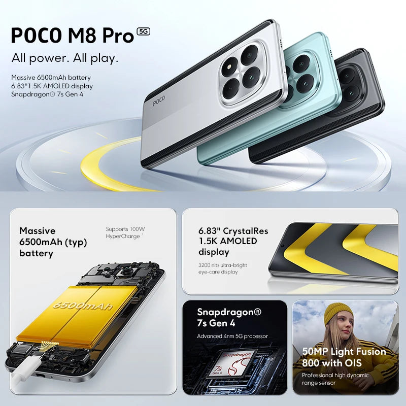 【World Premiere】POCO M8 Pro 5G Smartphone Global Version Snapdragon 7s Gen 4 6.83" 1.5K 120Hz display 6500mAh battery 100W NFC