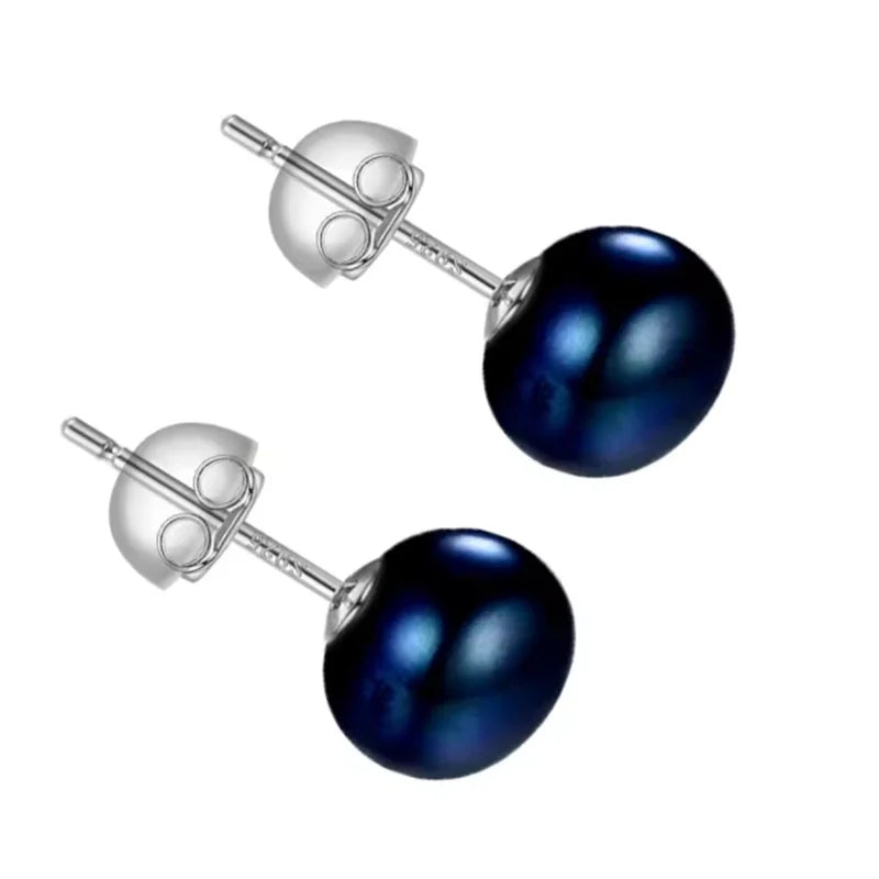 Senlissi- Genuine Fresh Water Pearl Stud Earrings For Women 8 MM White Pink Pearls 925 Sterling Silver 18K Female Party Jewelry