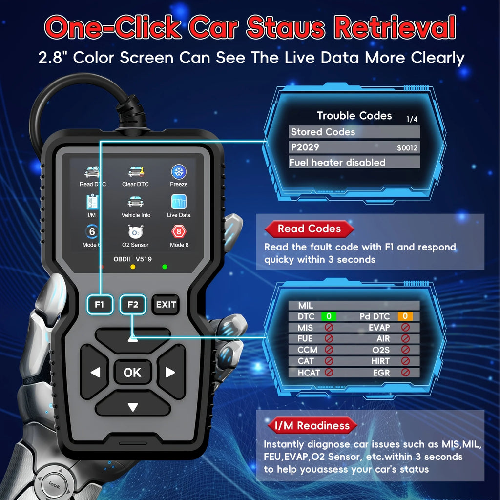 2025 V519 Professional Obd2 Scanner - Usb-Powered Automotive Diagnostic Tool with Real-Time Data Stream, Full-Featured Obd Ii Testing (I/M Ready, Bod2/Eobd), Clears Engine Fault Lights, Reads/Erases Codes for Most Vehicles, A