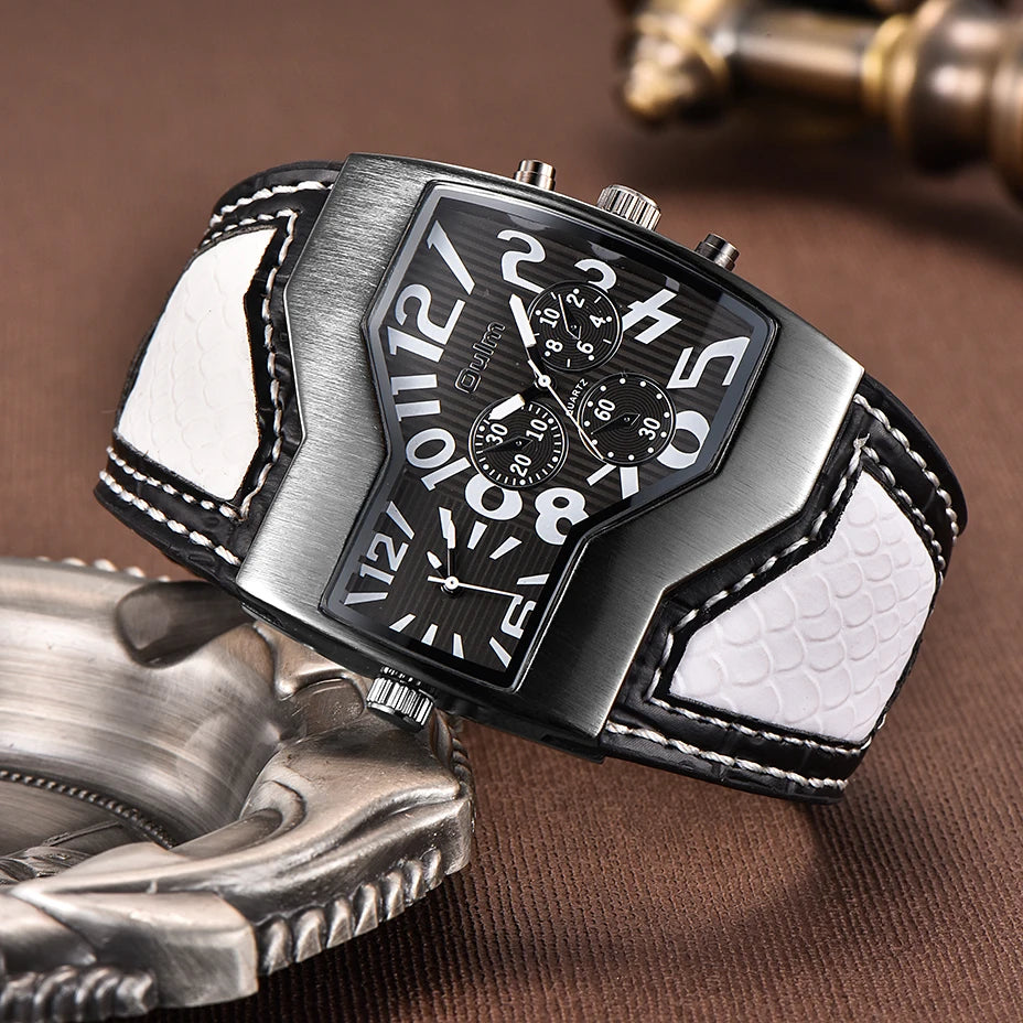 Oulm 1220  Men's Two Time Zone Big Size Quartz Clock Unique Design Watches Male Sport Watch Leather Strap Wristwatch