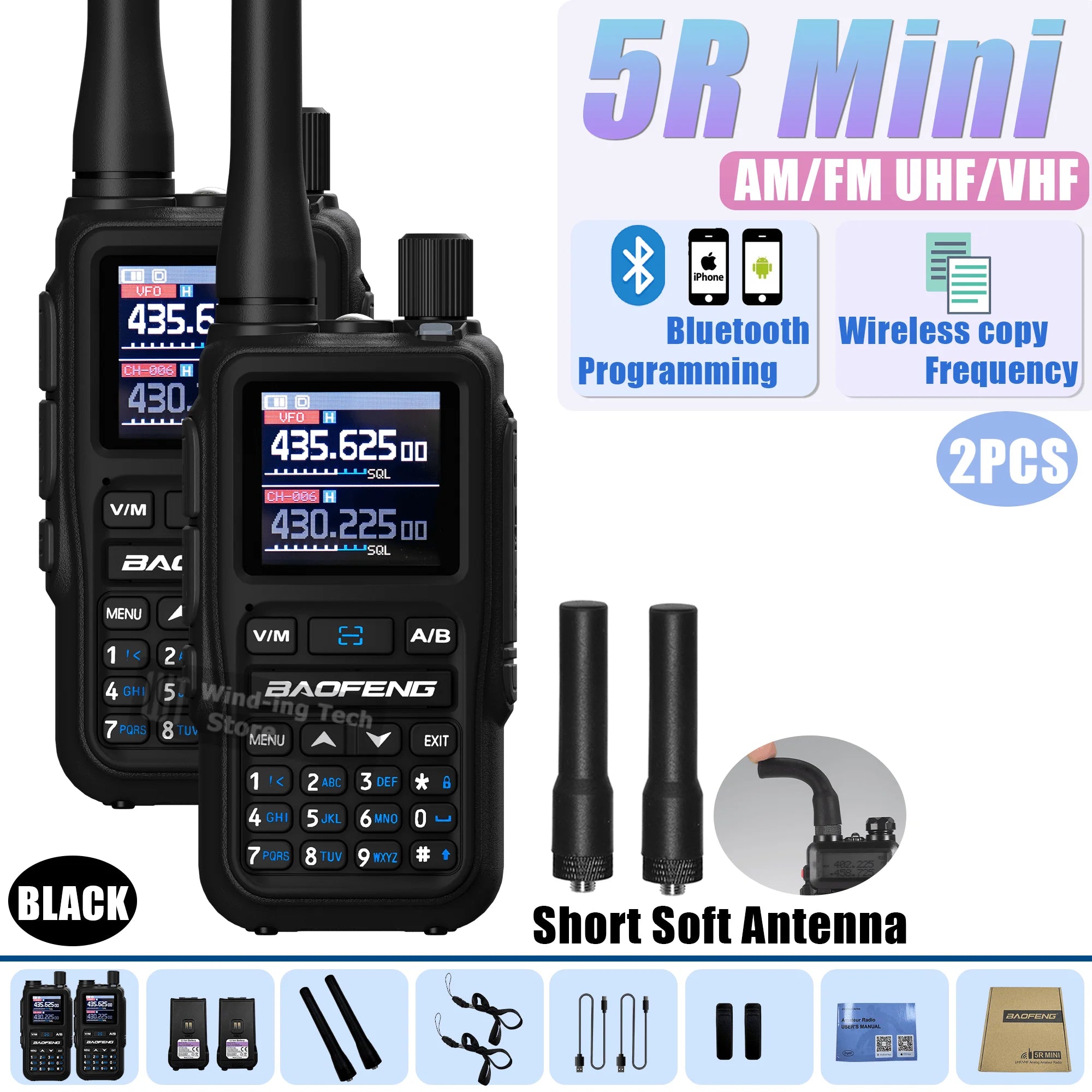 Baofeng UV 5R Mini Walkie Talkie Bluetooth Programming Frequency Hopping Type-C Jack Multiple Colors Dual PTT Camping Ham Radios