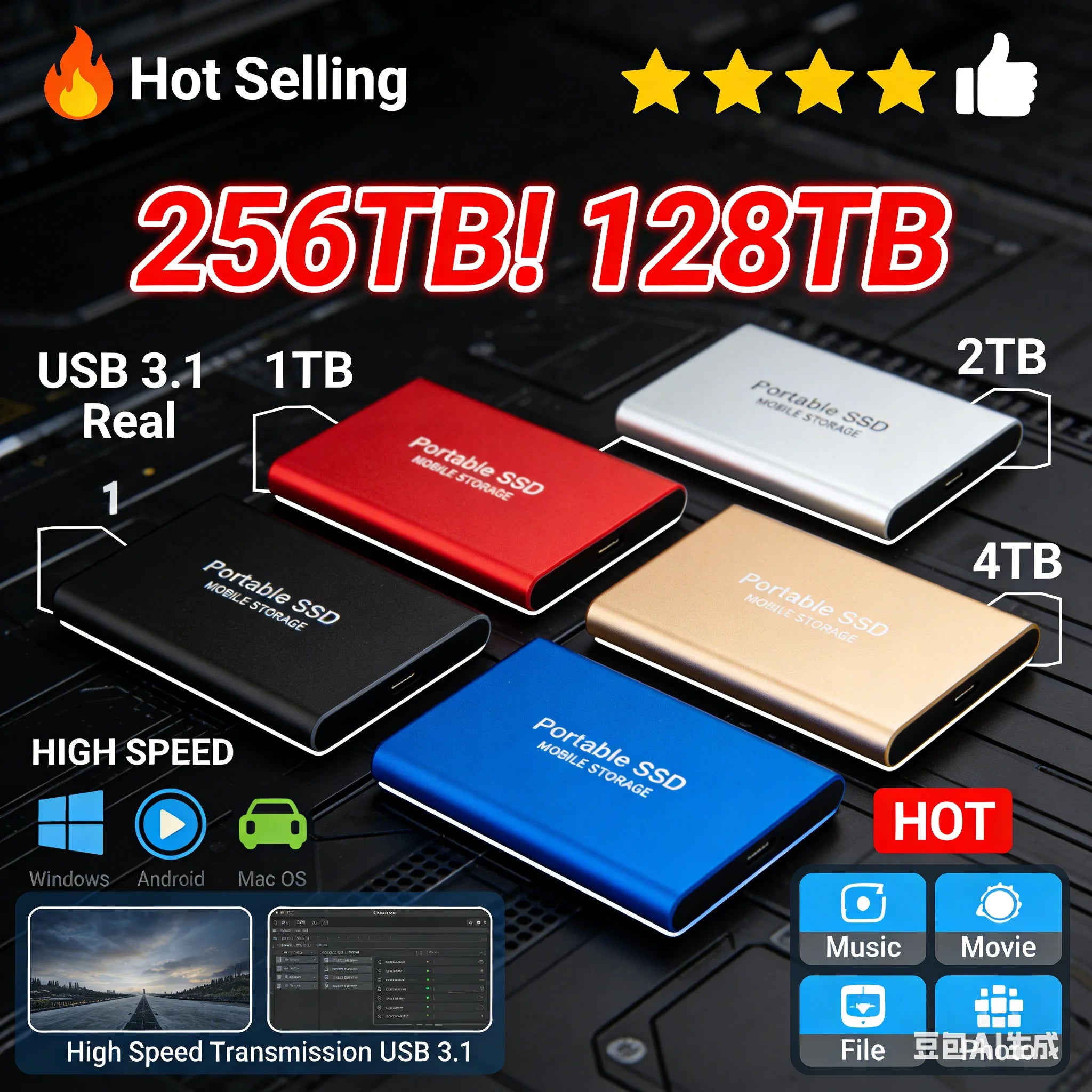 Original External SSD 2TB Portable Hard Drive 4TB USB3.1 High-Speed Mobile Solid Disk 64TB 128TB for Laptops/PC/MAC/Phone