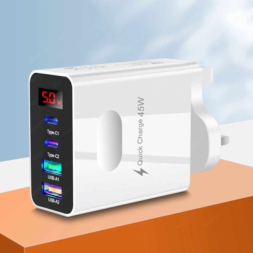 45W USB Charger 4 Ports Type C Fast Charging Digital Display Wall Charger For iPhone Samsung Xiaomi Huawei Phone Charger Adapter