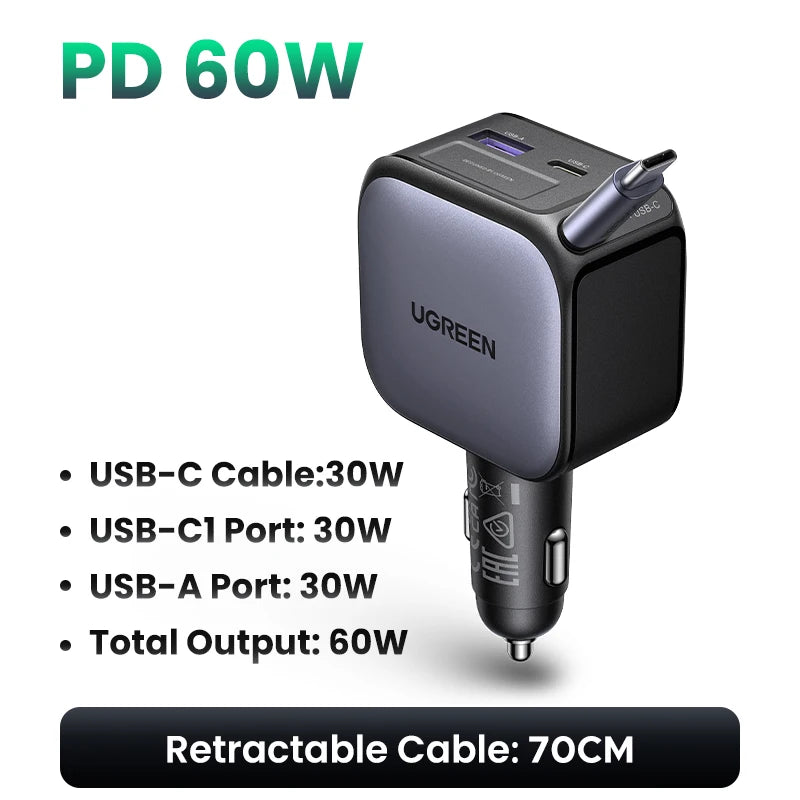 UGREEN 145W 90W 60W Car Charger 3 USB-C & 1 USB-A Ports PD QC4.0 Fast Charging with Retractable Cable for iPhone 17 Pro MacBook
