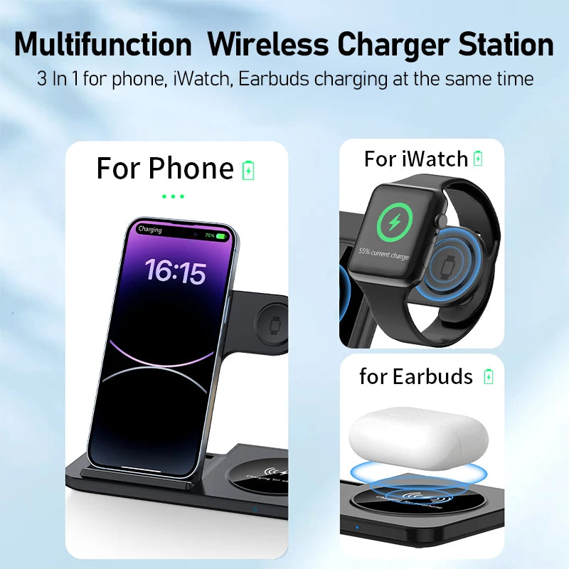 Desk Fast Wireless Charger Stand Pad Foldable Fast Charging Station Dock for iPhone 16 15 14 13 12 Pro Max Apple Watch Airpods