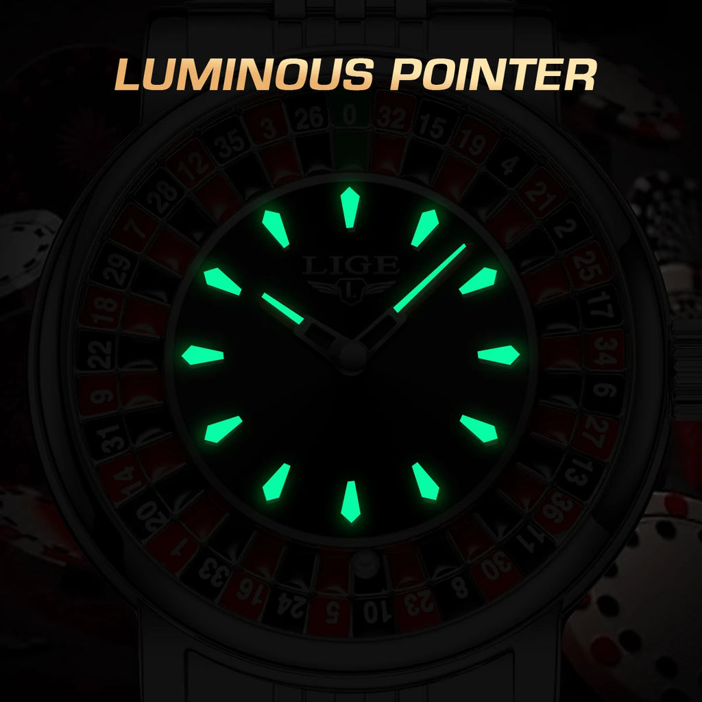 LIGE Fashion Men Watch Rotating Dial Las Vegas Roulette Desktop Theme Watch Men Waterproof Luminous Clock Watches Creative Clock