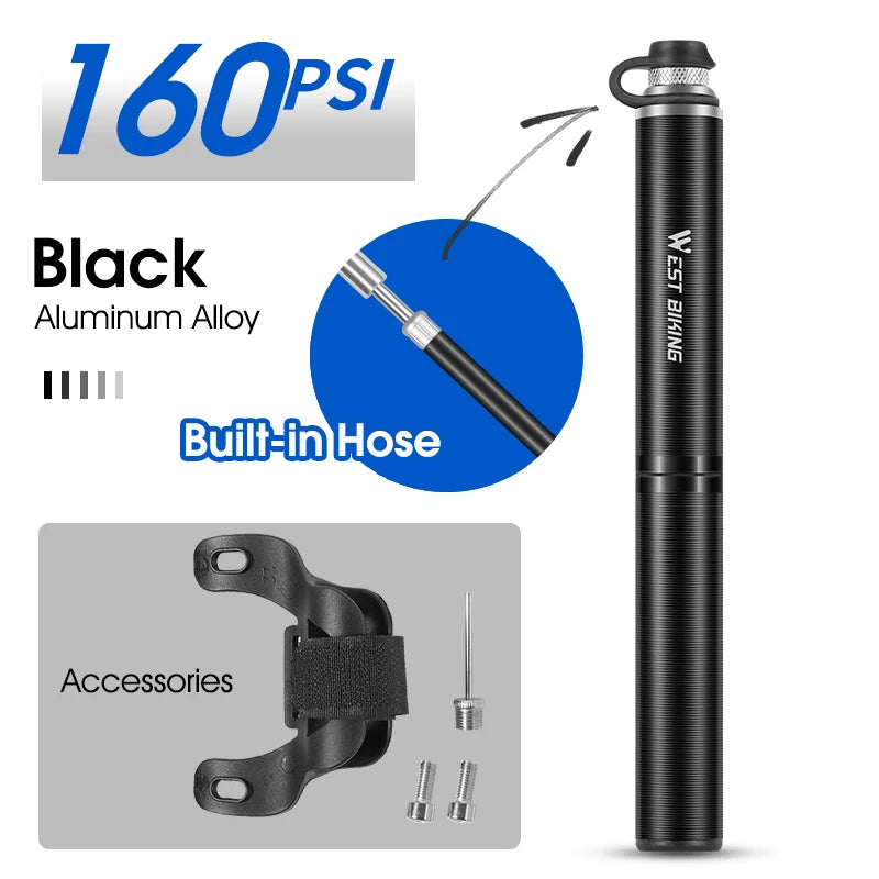 WEST BIKING Mini Bicycle Pump Portable Aluminum Alloy Cycling Hand Ball Tire Inflator Schrader Presta Valve MTB Road Air Pump