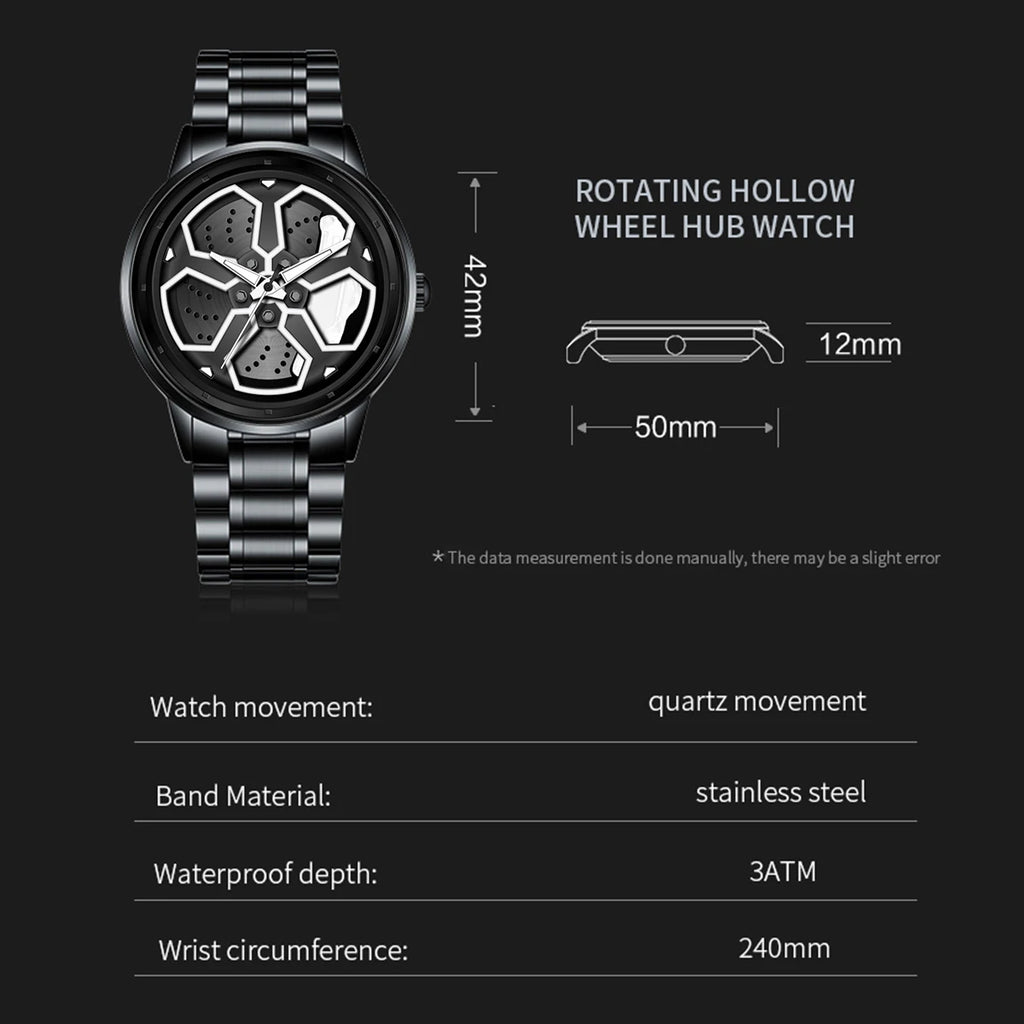 VA VA VOOM Brand Men Creative Wheel Turntable Watch Stainless Steel Black Quartz Movement 42mm Waterproof Sports Gift Wristwatch