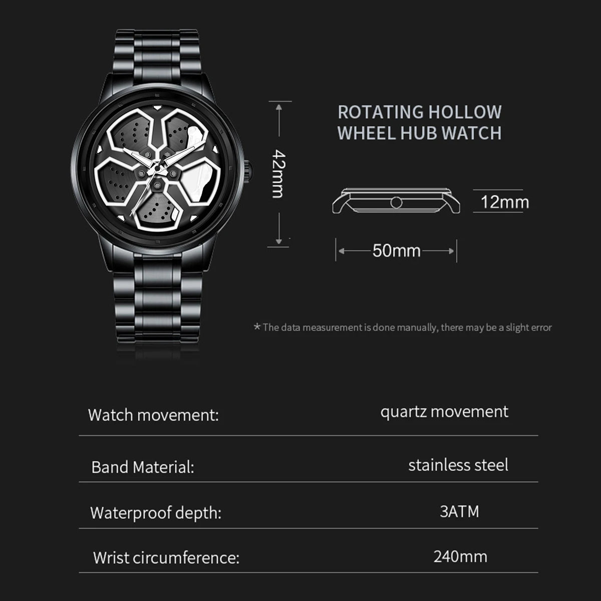 VA VA VOOM Brand Men Creative Wheel Turntable Watch Stainless Steel Black Quartz Movement 42mm Waterproof Sports Gift Wristwatch