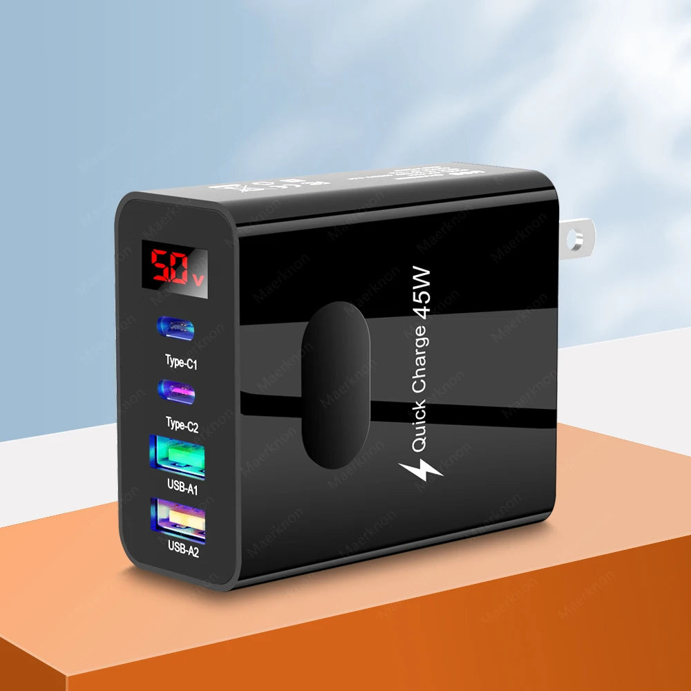 45W USB Charger 4 Ports Type C Fast Charging Digital Display Wall Charger For iPhone Samsung Xiaomi Huawei Phone Charger Adapter