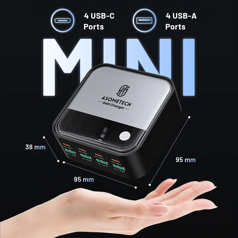GaN USB C Charger 8 Port Mini Desktop Charger Ambient Lighting Display 4 X 100W PD PPS Fast Charger For Laptop iPhone 15 Samsung