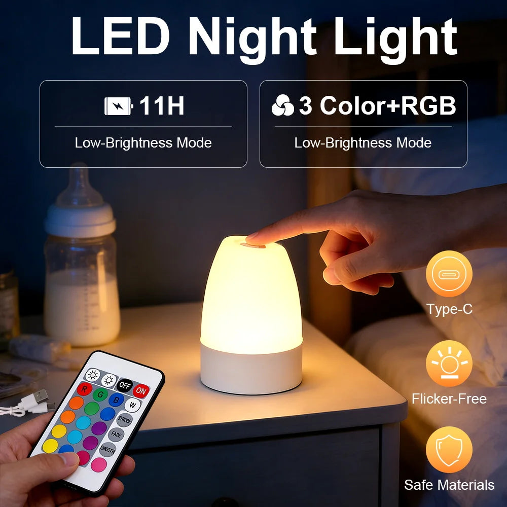 2026 New USB Rechargeable LED Night Light Touch Dimmable RGB 3-Color Eye-Caring Desk Lamp Bedroom Bedside Baby Room Best Seller