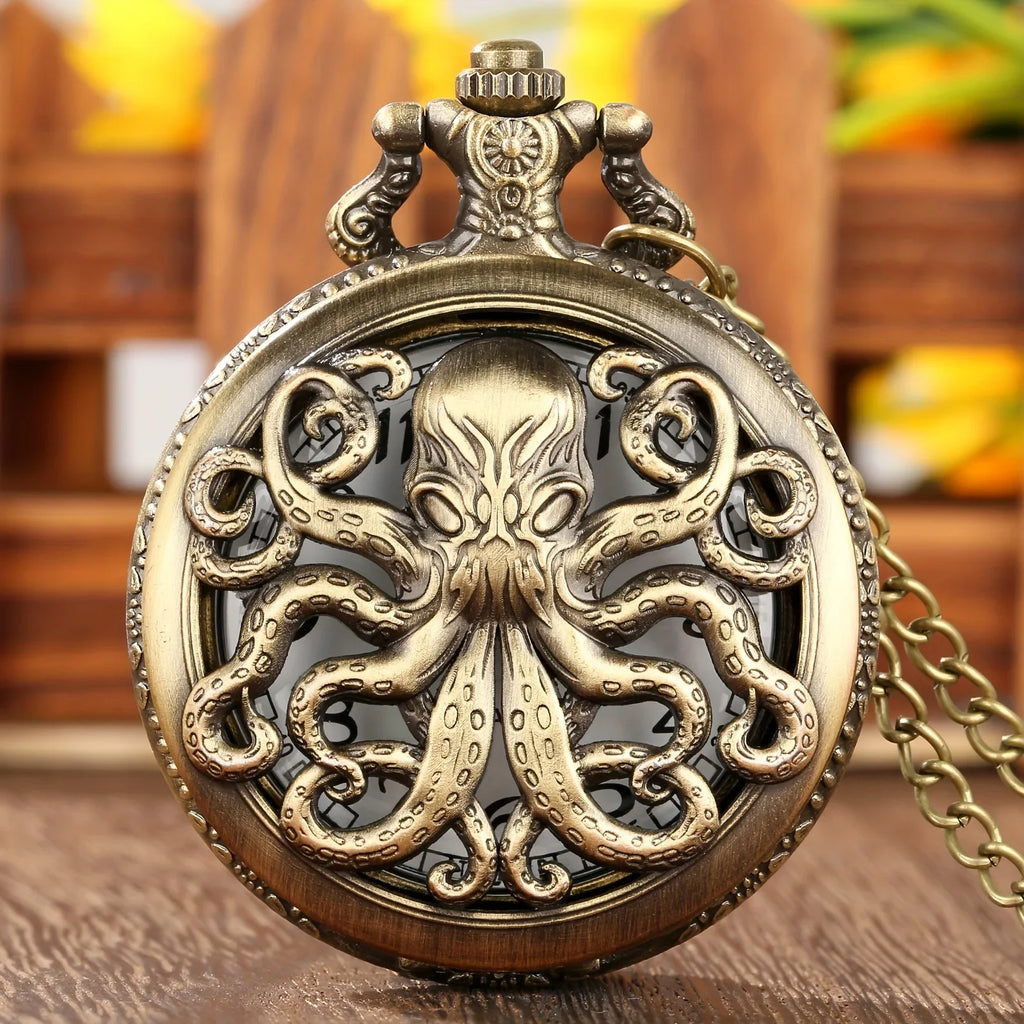 Bronze Octopus Pocket Watch Retro Unique Pattern Quartz Chain Chronograph Gift For Men Boys