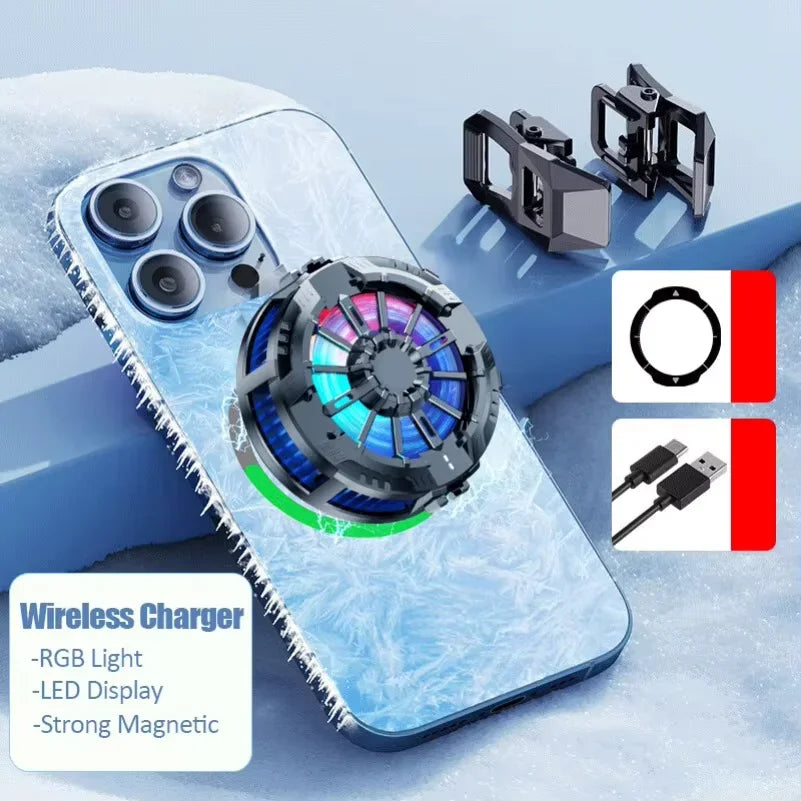 Magnetic Wireless Charger Phone Back Clip Coooler Fan Radiator RGB Light For Magsafe iPhone 16 15 14 13 12 Pro Max Fast Charging