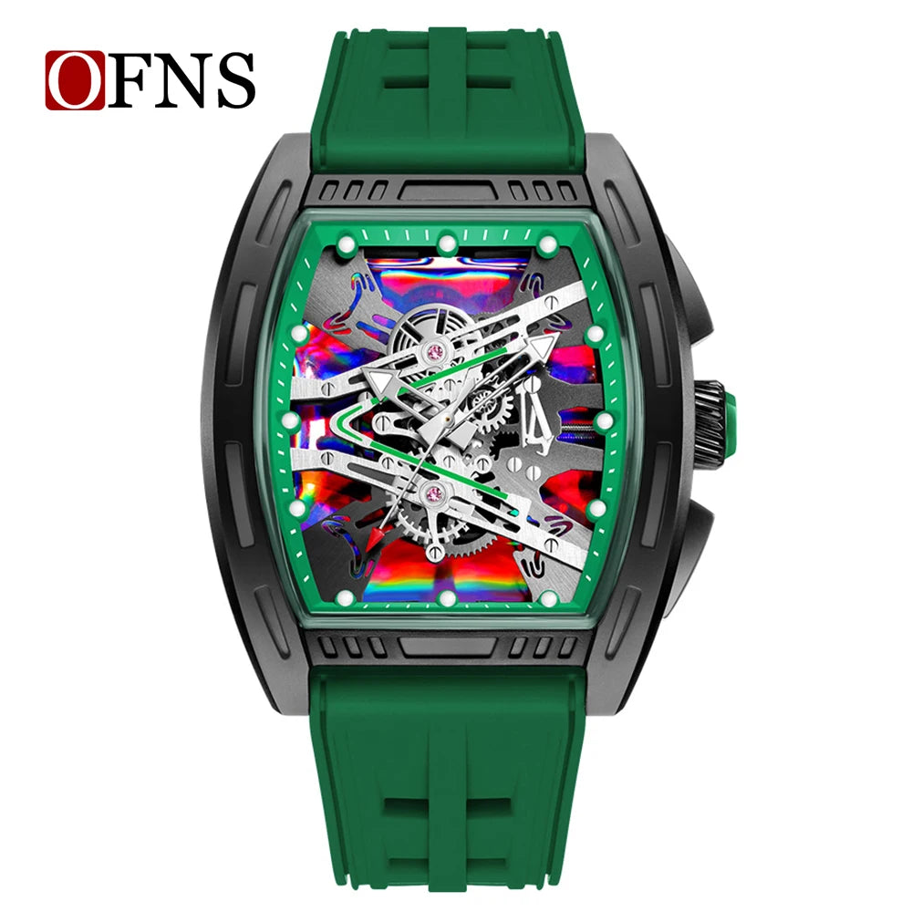 OFNS1209 Luxury Men Quartz Watch Silicone Strap Hollow Watches Mens Waterproof Sports Wristwatches Relogio Masculino