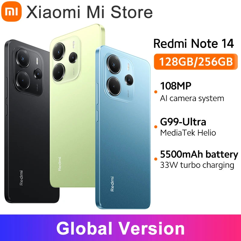 【World Premiere】Global Version Xiaomi Redmi Note 14 MediaTek Helio G99-Ultra 108MP AI Camera 5500mAh 6.67" 120Hz AMOLED Displa