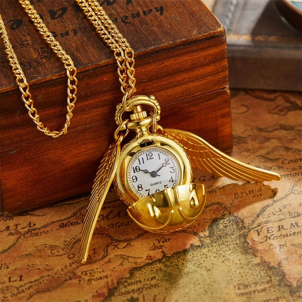 Factory direct sale Golden Snitch Quartz Pocket Watch Necklace Angel Wing Spherical Pendant Fashion Sweater Chain Pocket Watch