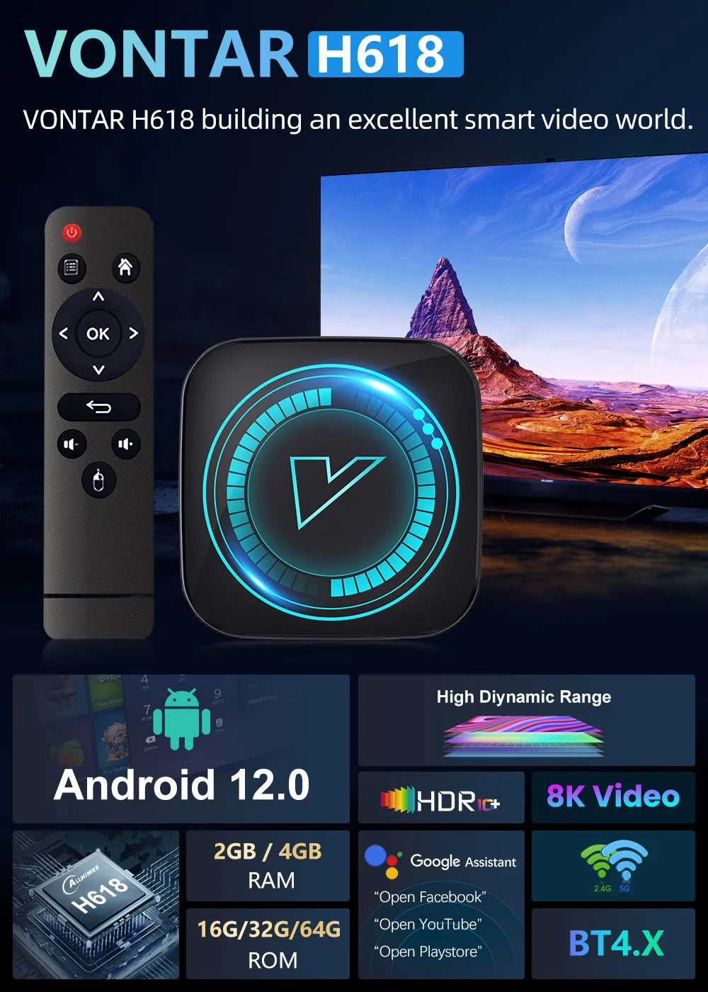 VONTAR H618 Smart TV Box Android 12 Allwinner Quad Core Cortex A53 Support 8K Video Wifi Google Voice Media Player Set Top Box