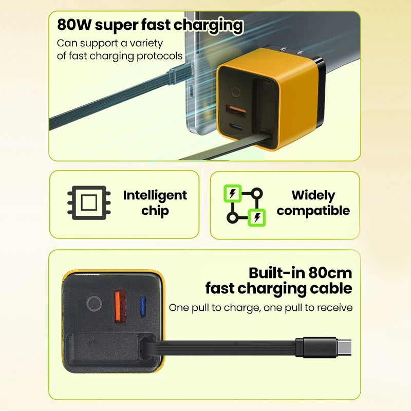 Elough 80W USB Type C Charger with Retractable Cable PD Fast Charging For iPhone 16 Laptop Macbook Phone cargador carga rápida