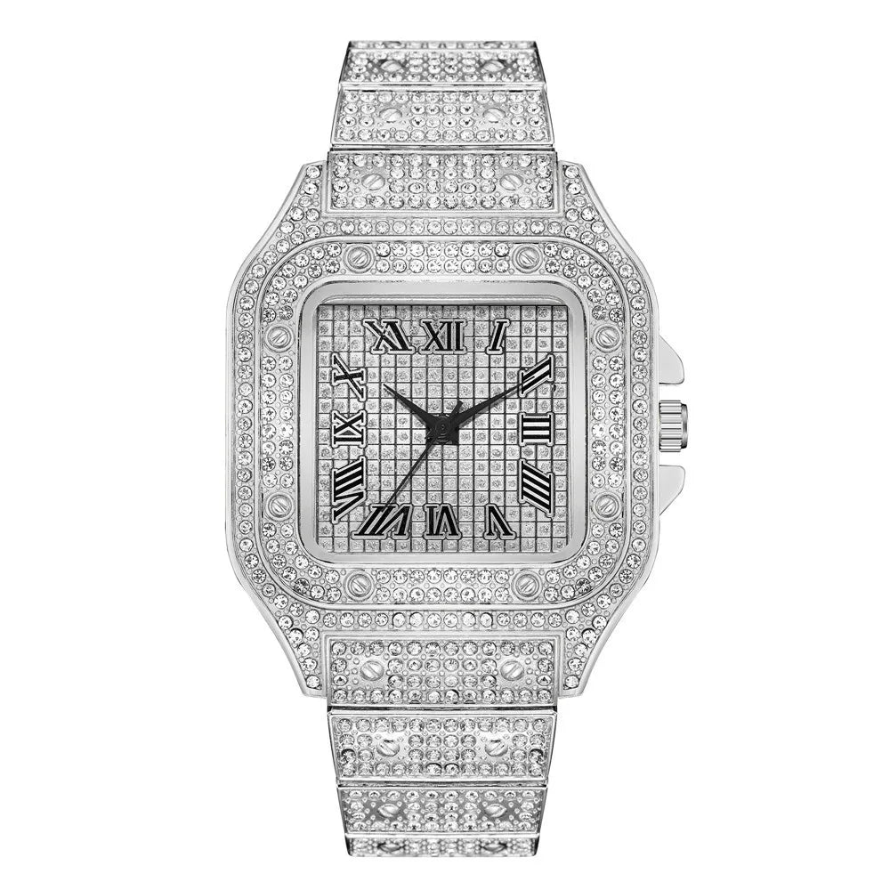 Luxury Men's Business Watches Steel Strap Square Roman Scale Rhinestone Quartz Watch Lesiure Male Wristwatch Relogio Masculino