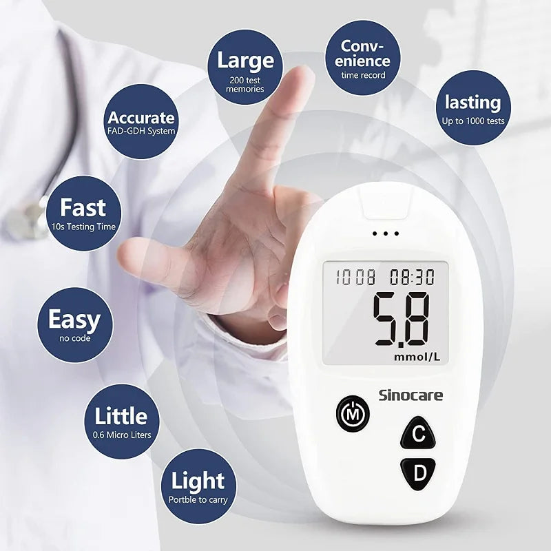Sinocare Blood Glucose Monitor, Blood Sugar Meter, 0.6μL Blood Sample, 200 Memories, Easy Blood Glucose Test Kit or Only Strips