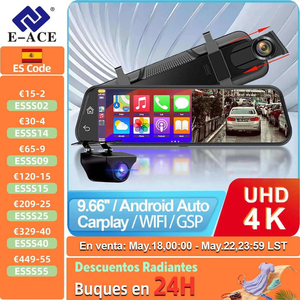10 Inch 4K Mirror Dash Cam Suppost Wireless Carplay & Android Auto WIFI GPS Navigation Dual Lens Video Recorder Car Dvr