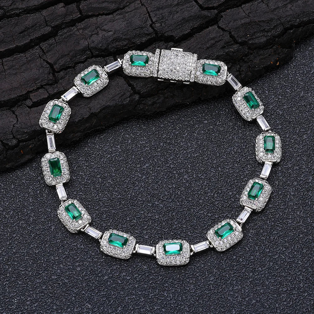 Round Square Green CZ Cluster Bead Link Chain Full Iced Out Bling Emerald Diamond Tennis Necklace For Valentine's Day Gift