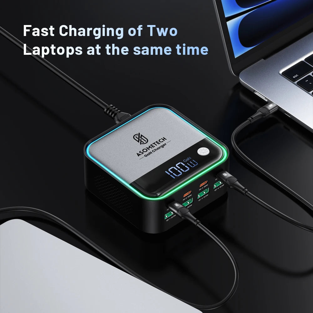 GaN USB C Charger 8 Port Mini Desktop Charger Ambient Lighting Display 4 X 100W PD PPS Fast Charger For Laptop iPhone 15 Samsung