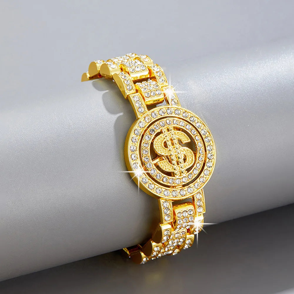 New Hip Hop Shiny Cuban Link Chain Bracelet Women Men Gold Color Rhinestone Iced Out Chain Bracelets Punk Wristband Jewelry Gift