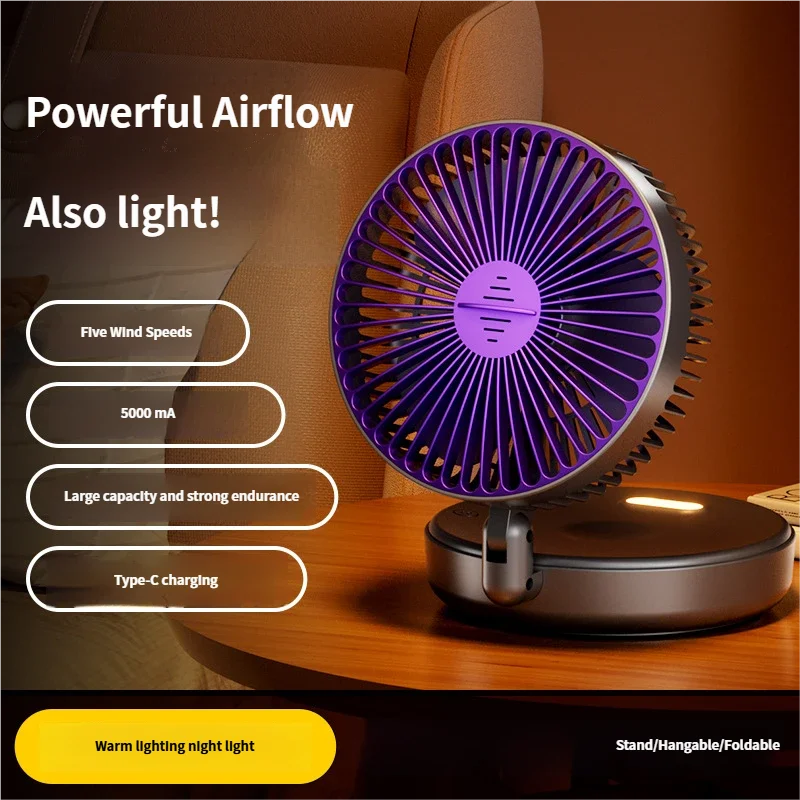 5000mAh Foldable Glow-in-the-Dark Fan Wall Mount Portable Quiet High-Speed Air Circulation Fan for Students Office Desk Fan