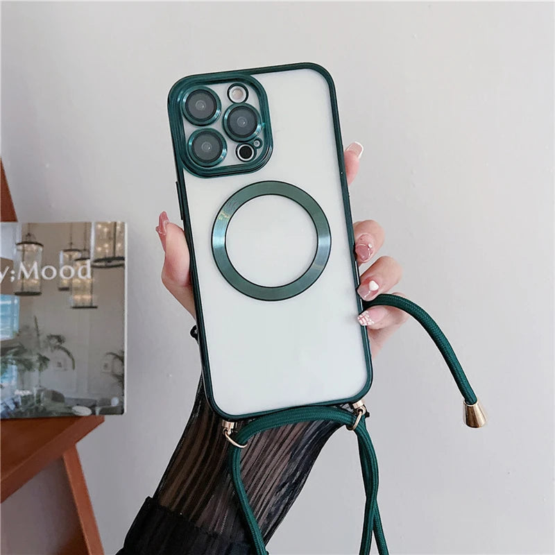 Plating Clear Magnetic For Magsafe Wireless Charging Cases For iPhone 17 Pro Max 16 15 14 12 13 Crossbody Lanyard Necklace Cover