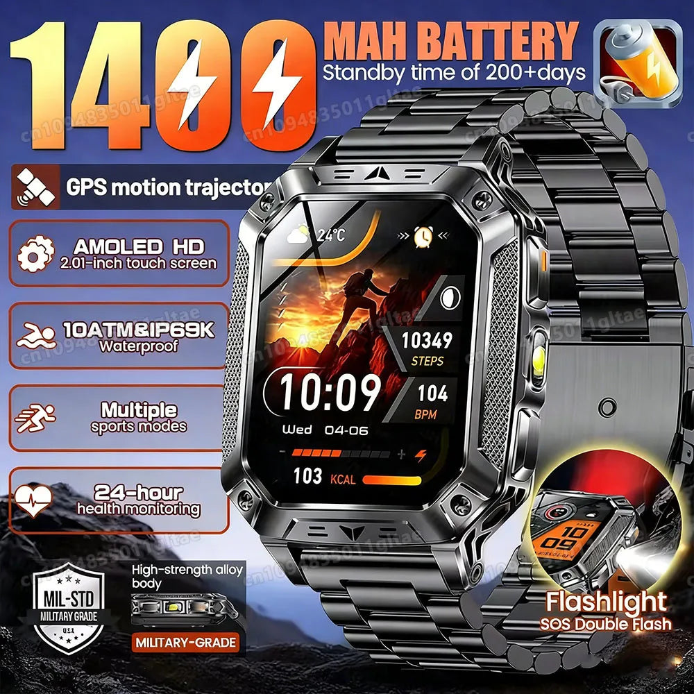 1400mAh Big Battery Smart Watch Men Outdoor GPS Flashlight 10ATM Waterproof Bluetooth Call AMOLED HD Sports Smartwatch AT-1282