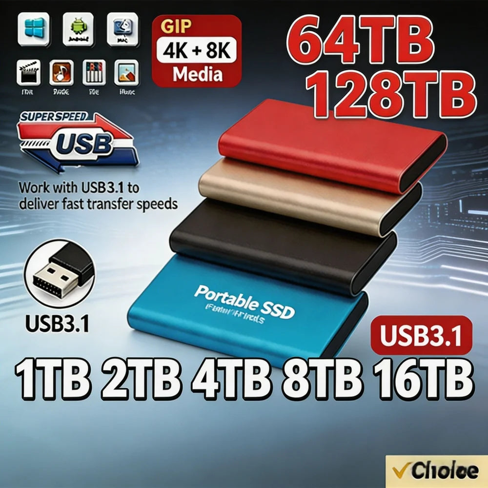 Ultra Fast Portable SSD 1TB High-speed External Hard Drive 4TB Ultra Durable Hard Disk 16TB Solid State Drive for Laptop PC MAC