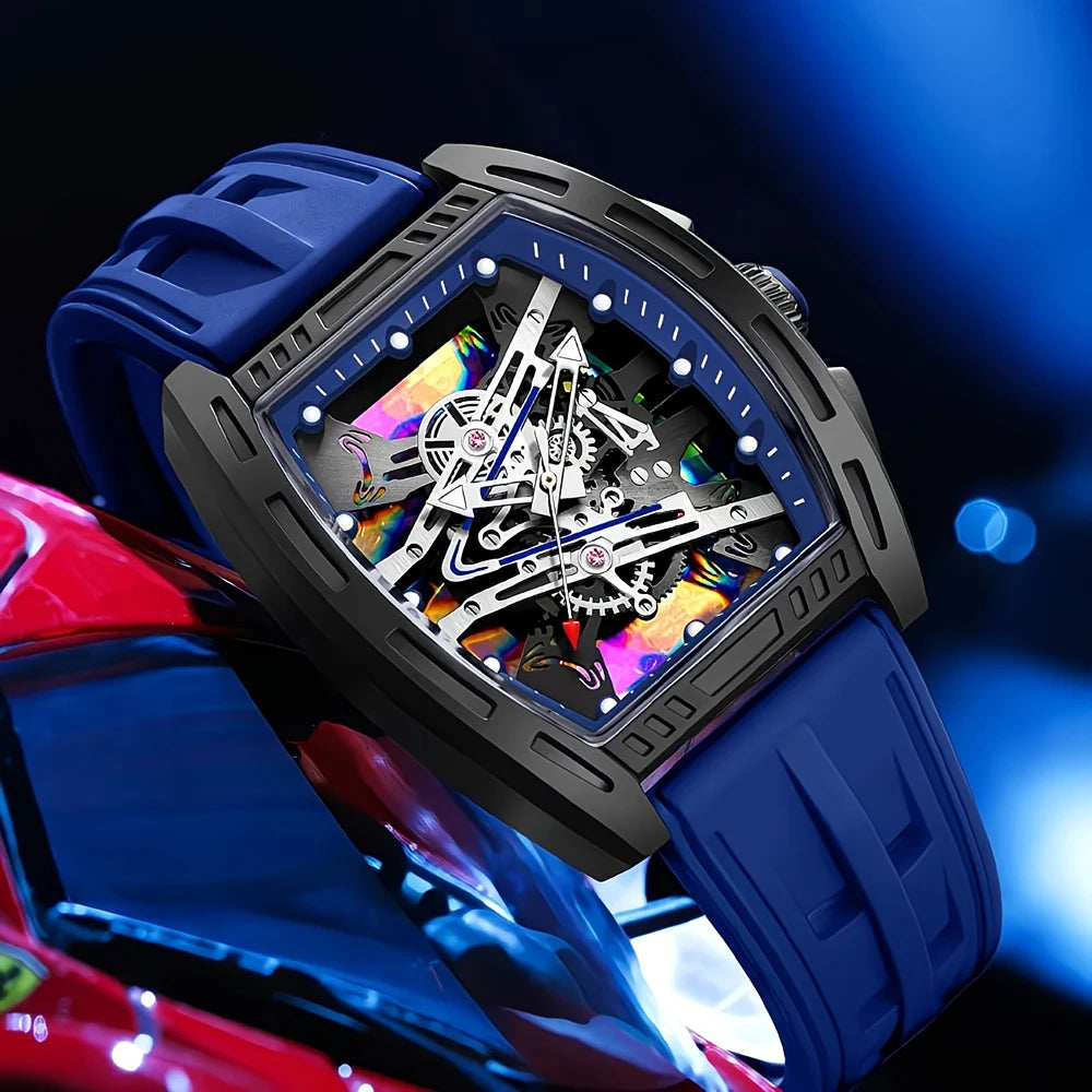 Men's and Women's Youth Barrel-Shaped Hollow Mechanical Quartz Watch, Trendy and Fashionable Colorful Dial, Silicone Strap, Casual Business Quartz Watch