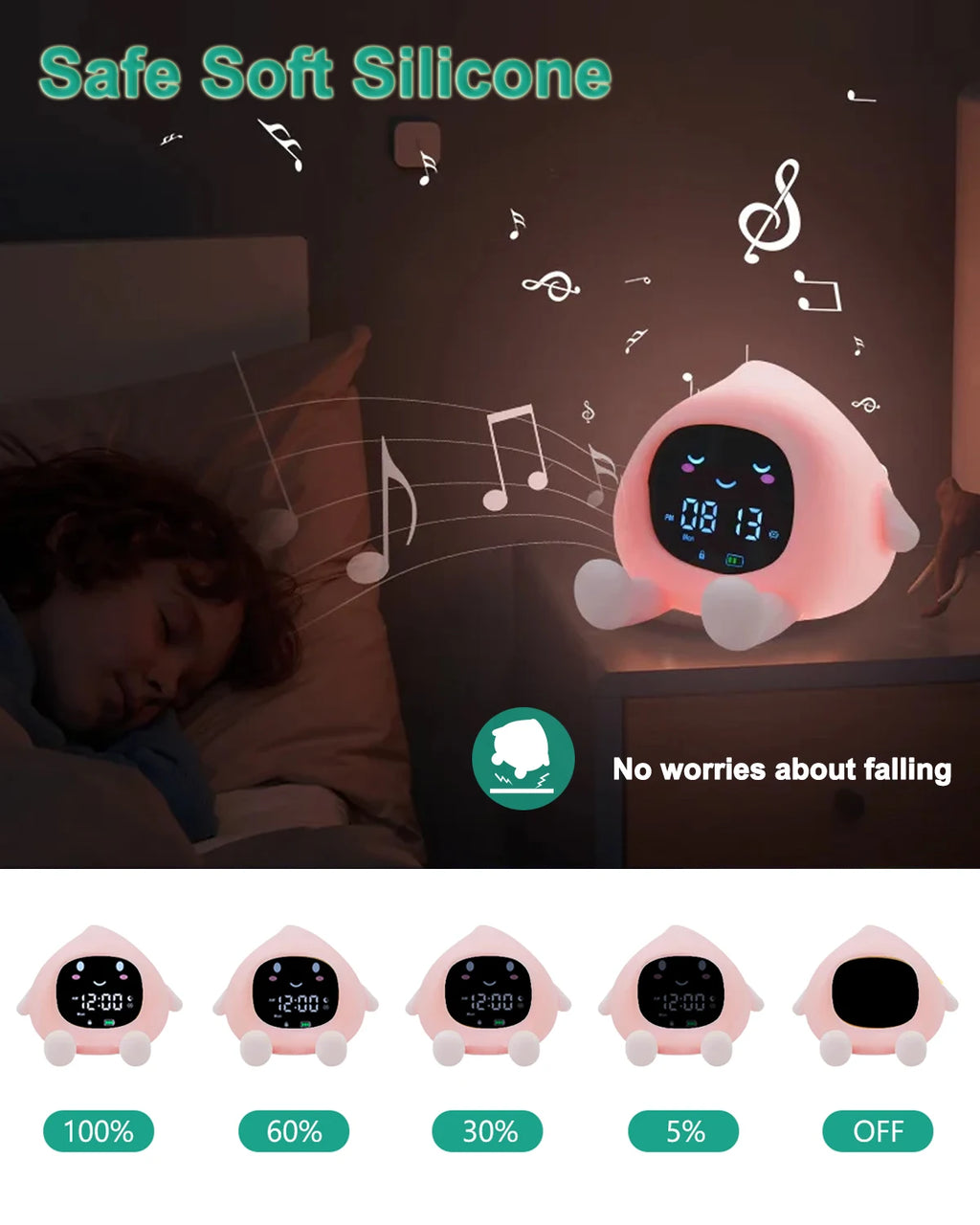ORIA Kids Alarm Clock Sleep Training Alarm Clock Wake Up Rechargeable Clock with 9 Color Night Light&Child Lock Clocks For Home