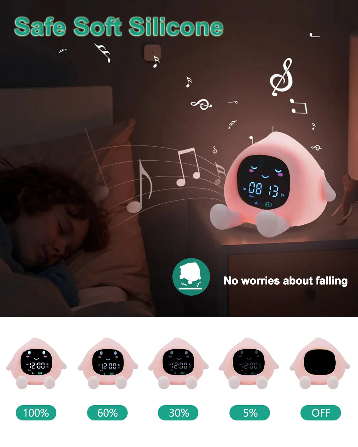 ORIA Kids Alarm Clock Sleep Training Alarm Clock Wake Up Rechargeable Clock with 9 Color Night Light&Child Lock Clocks For Home