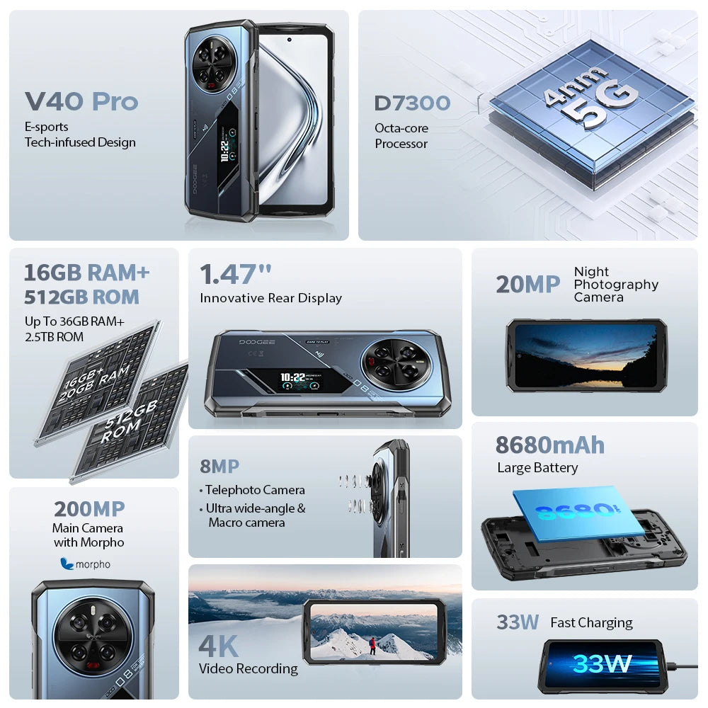 【Brand+】World Premiere DOOGEE V40 Pro 5G Rugged Phone 6.78" 16GB+512GB  Dimensity 7300 200MP AI Camera 8680mAh Android 14