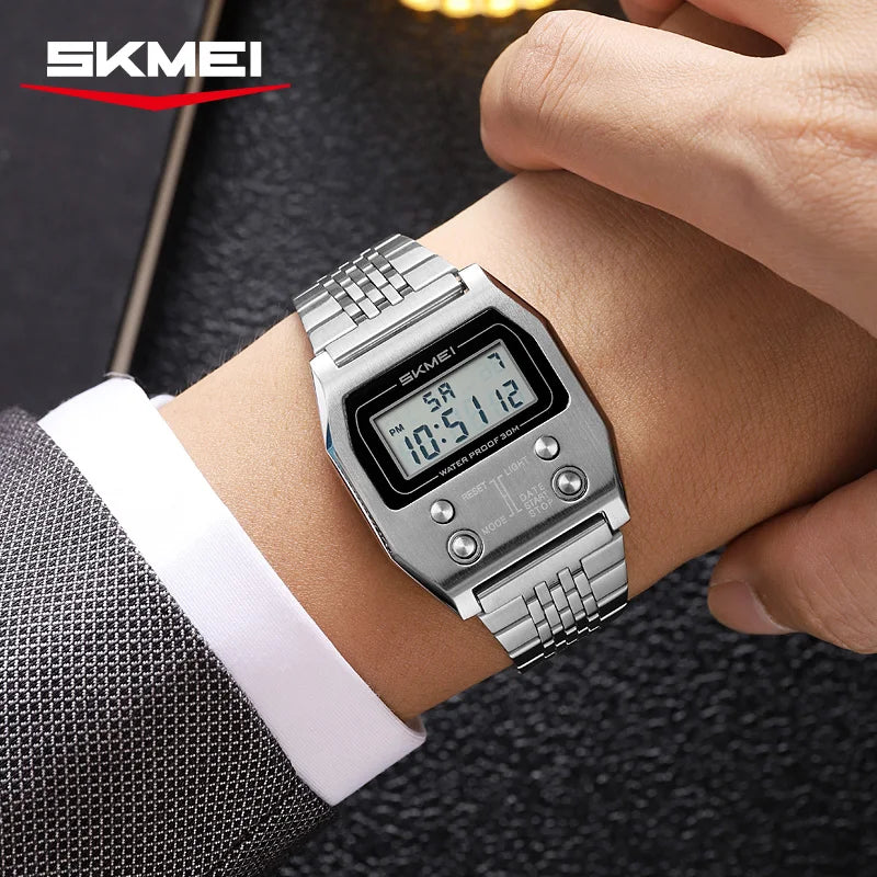 SKMEI 2460 Men's Sports Waterproof Digital Watch Stainless Steel Luxury Retro LED AlarmClock Men's Electronic Watch reloj hombre