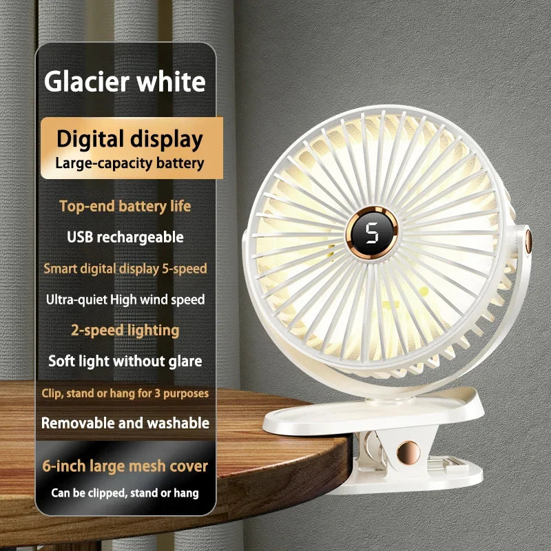 8000mAh Clip-on Fan 5 Speed Quiet Rechargeable Desktop Portable Air Circulator Wireless Fan With LED Light For Camping