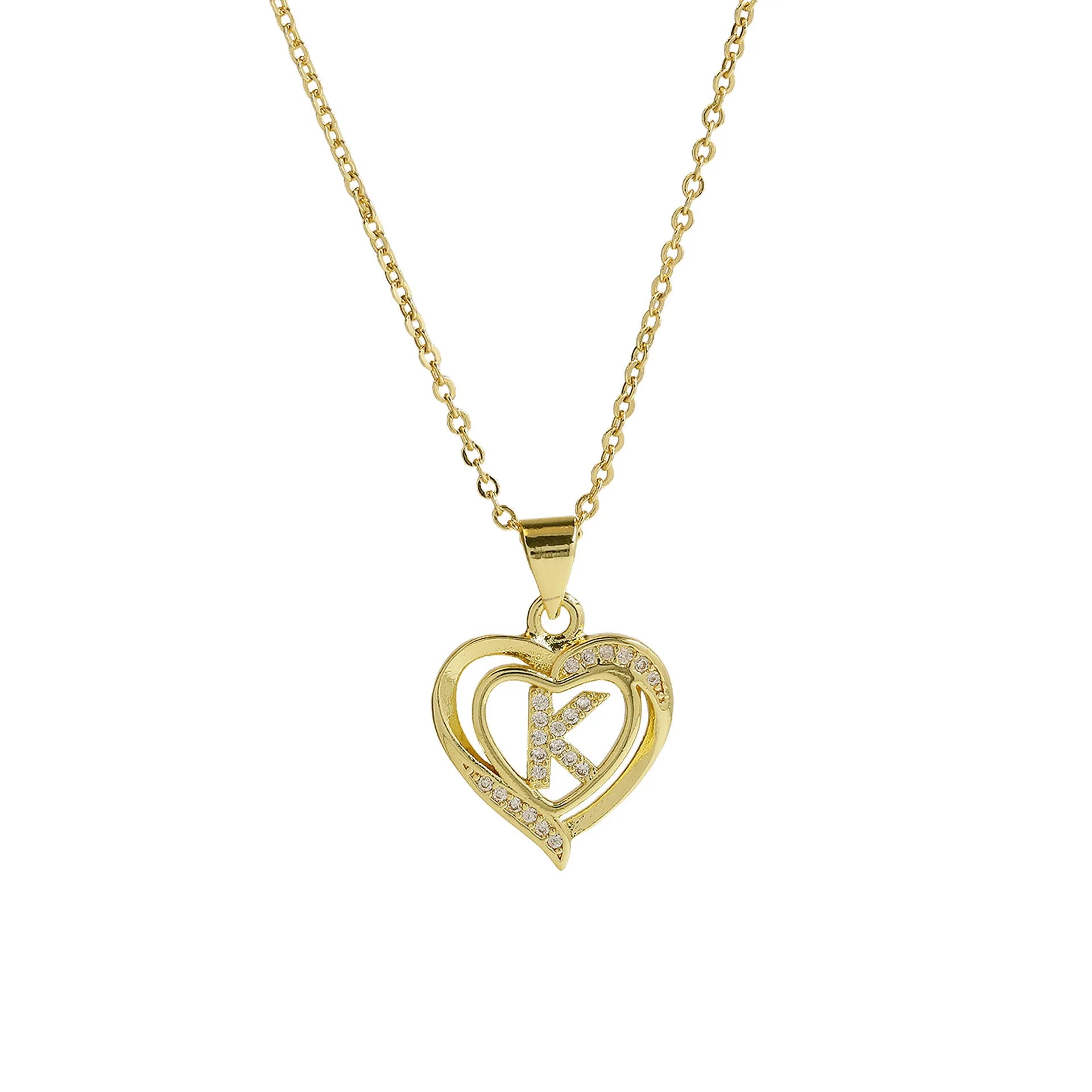 A-Z English Letter Initial Necklace Gold Color Plated Necklace Micro Setting Zircon Heart Necklace for Women