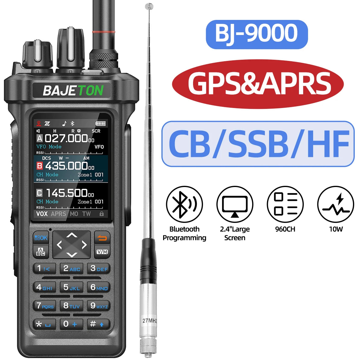 BAJETON BJ-9000 GPS APRS Walkie Talkie 10W CB 27Mhz CB/SSB/HF Bluetooth Programming NOAA ShortWave For RT-950PRO RT-950 Radio