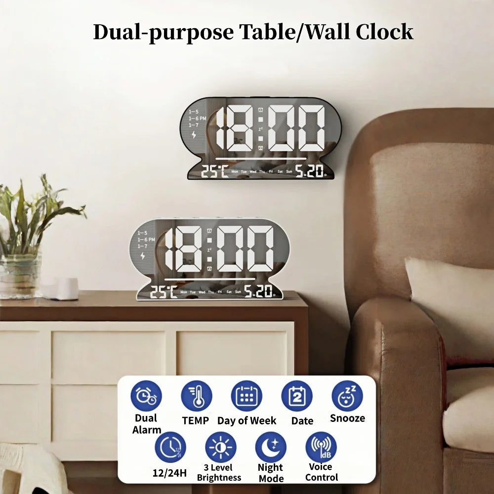 USB Powered Digital Alarm Clock TEMP Date Week 2 Alarm Night Mode Snooze Table Clock 3 Levels Brightness 12/24H LED Wall Clock