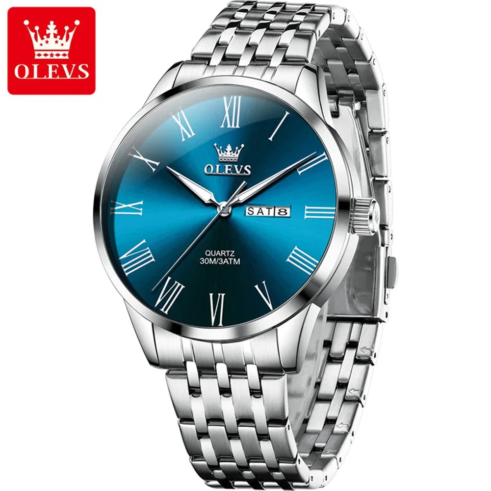 OLEVS Business Minimalist Stainless Steel Watch Man Luxury Luminous Hands Roman Scale Calendar Waterproof Quartz Watches for Men