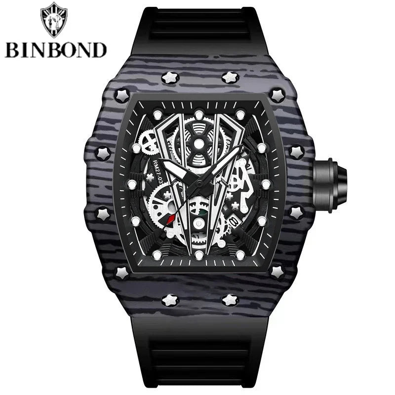 BINBOND Brand Men Watch Domineering Barrel Watch Curved Mirror Hollow Surface Sports Men Watch Silicone Quartz Wristwatch B8577