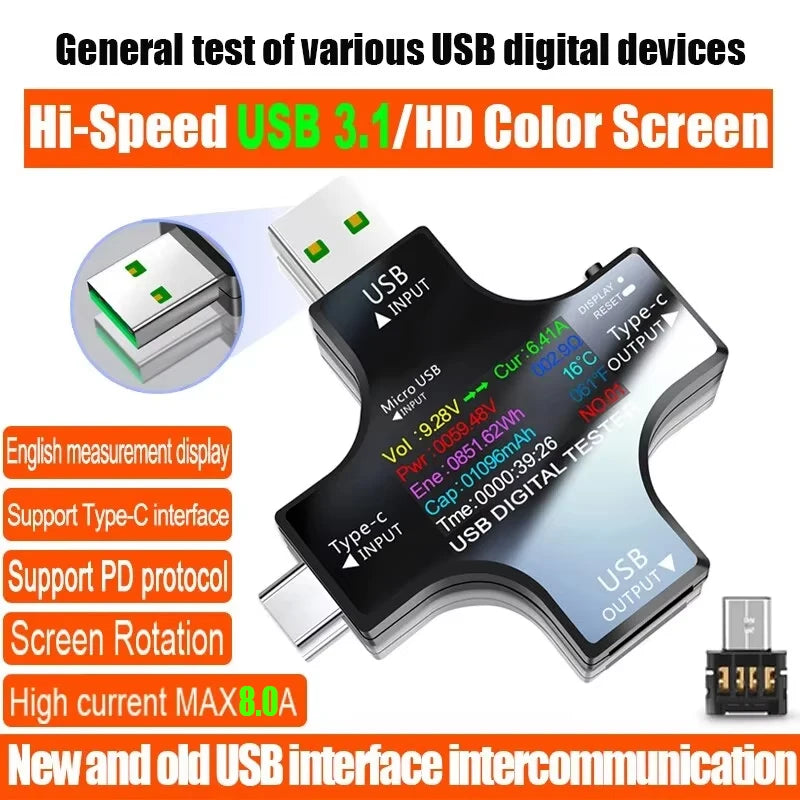 ‌USB Tester Type-C PD Digital Capacity Meter 8A Voltage Current Monitor Power Bank Charger Detector with QC3.0 Fast Charging