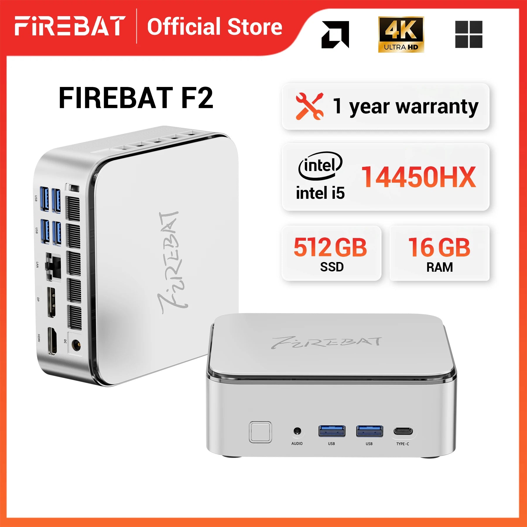 FIREBAT F2 MINI PC Intel i5-14450HX DDR4 16GB RAM 512GB SSD WIFI6 BT5.2 Portable Desktop MINI-PC Desktop Computer